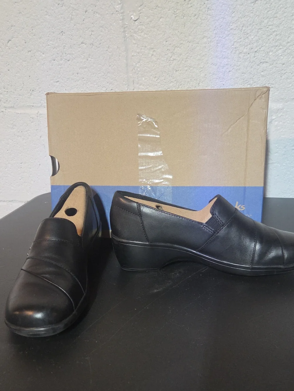 Clarks May Black Slip-On Womens Comfort Loafers